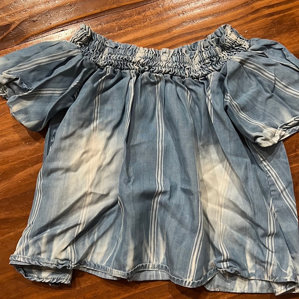 Blue with white stripes off the shoulder top